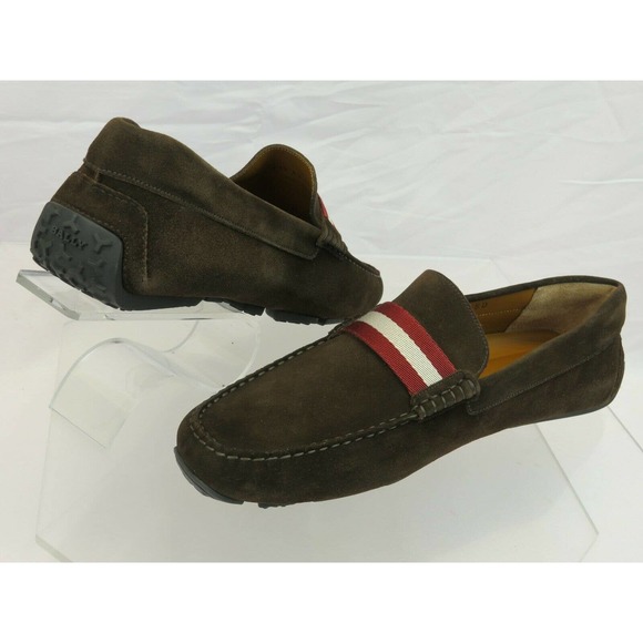 BALLY PEARCE COFFEE BROWN SUEDE WEB LOGO DRIVE LOAFERS US 10 EEE 43 ITALY